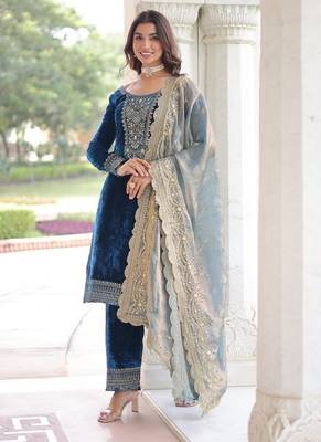 Teal zari & sequins embroidered velvet kurta bottom & dupatta 1