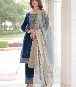 Teal zari & sequins embroidered velvet kurta bottom & dupatta