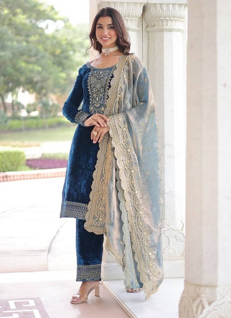 Teal zari & sequins embroidered velvet kurta bottom & dupatta
