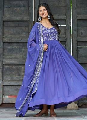 Blue zari & sequins embroidered georgette Gown & dupatta 1
