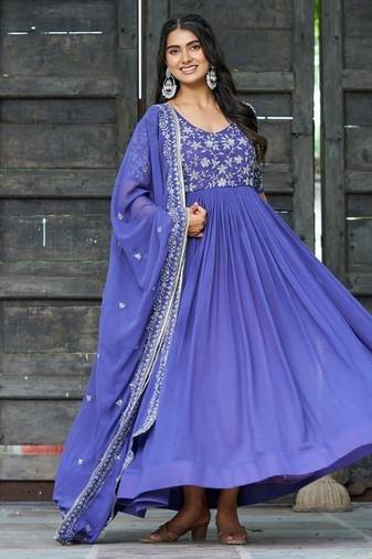 Blue zari & sequins embroidered georgette Gown & dupatta