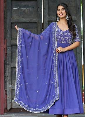 Blue zari & sequins embroidered georgette Gown & dupatta 2