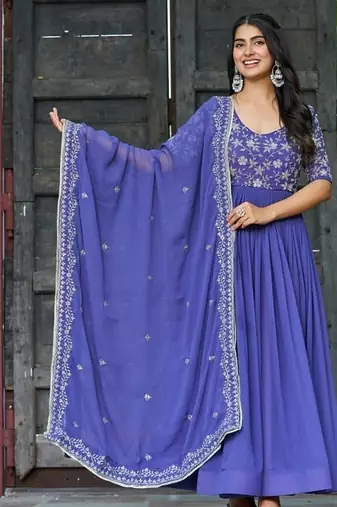 Blue zari & sequins embroidered georgette Gown & dupatta
