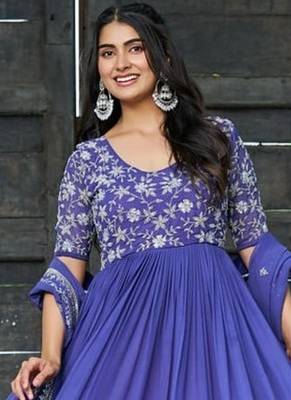 Blue zari & sequins embroidered georgette Gown & dupatta 4