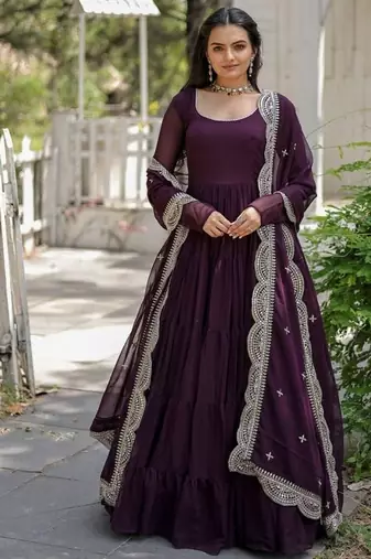 Wine zari & sequins embroidered georgette Gown & dupatta