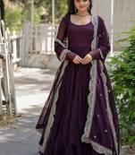 Wine zari & sequins embroidered georgette Gown & dupatta
