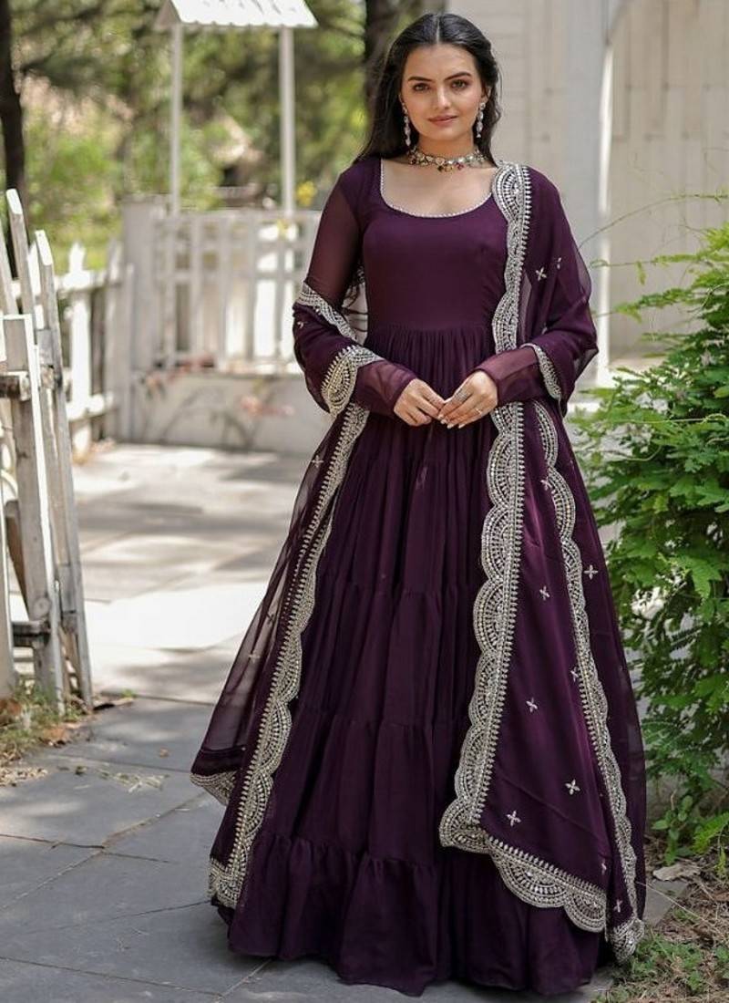 Wine zari & sequins embroidered georgette Gown & dupatta