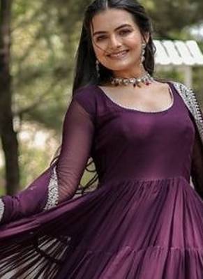 Wine zari & sequins embroidered georgette Gown & dupatta 2