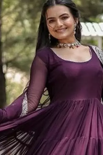 Wine zari & sequins embroidered georgette Gown & dupatta