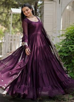 Wine zari & sequins embroidered georgette Gown & dupatta 3