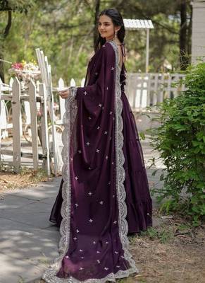 Wine zari & sequins embroidered georgette Gown & dupatta 4