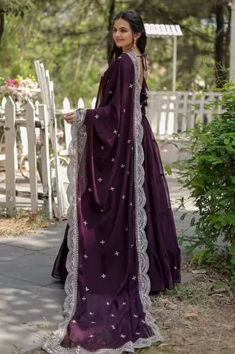 Wine zari & sequins embroidered georgette Gown & dupatta