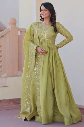 Green zari & sequins embroidered work  gold-crush stitched kurta & dupatta