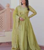 Green zari & sequins embroidered work  gold-crush stitched kurta & dupatta