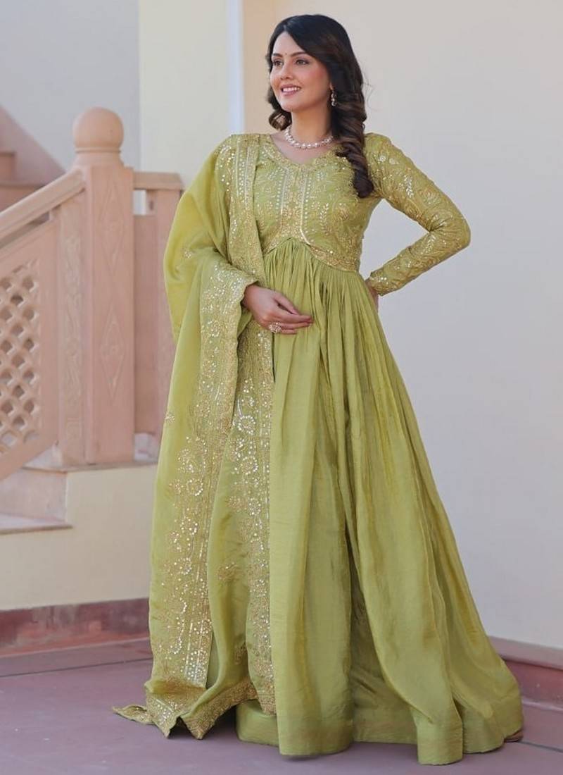 Green zari & sequins embroidered work  gold-crush stitched kurta & dupatta