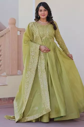 Green zari & sequins embroidered work  gold-crush stitched kurta & dupatta