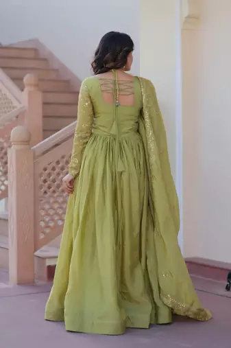 Green zari & sequins embroidered work  gold-crush stitched kurta & dupatta