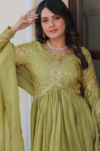 Green zari & sequins embroidered work  gold-crush stitched kurta & dupatta