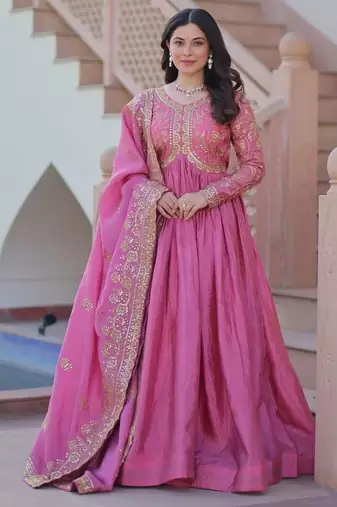 Pink zari & sequins embroidered gold-crush Gown & dupatta