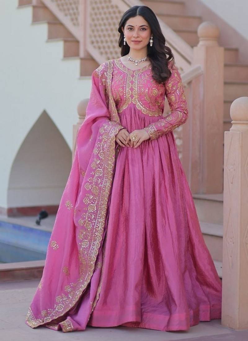 Pink zari & sequins embroidered gold-crush Gown & dupatta