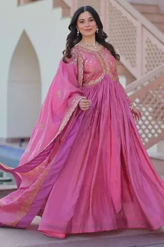 Pink zari & sequins embroidered gold-crush Gown & dupatta