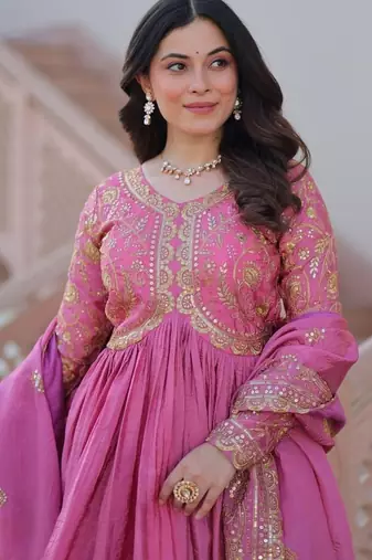 Pink zari & sequins embroidered gold-crush Gown & dupatta