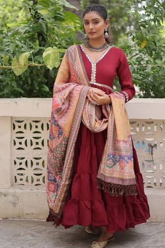 Maroon zari & sequins embroidered work roman stitched kurta gown & dupatta