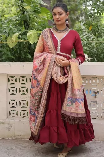 Maroon zari & sequins embroidered work roman stitched kurta gown & dupatta