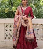 Maroon zari & sequins embroidered work roman stitched kurta gown & dupatta
