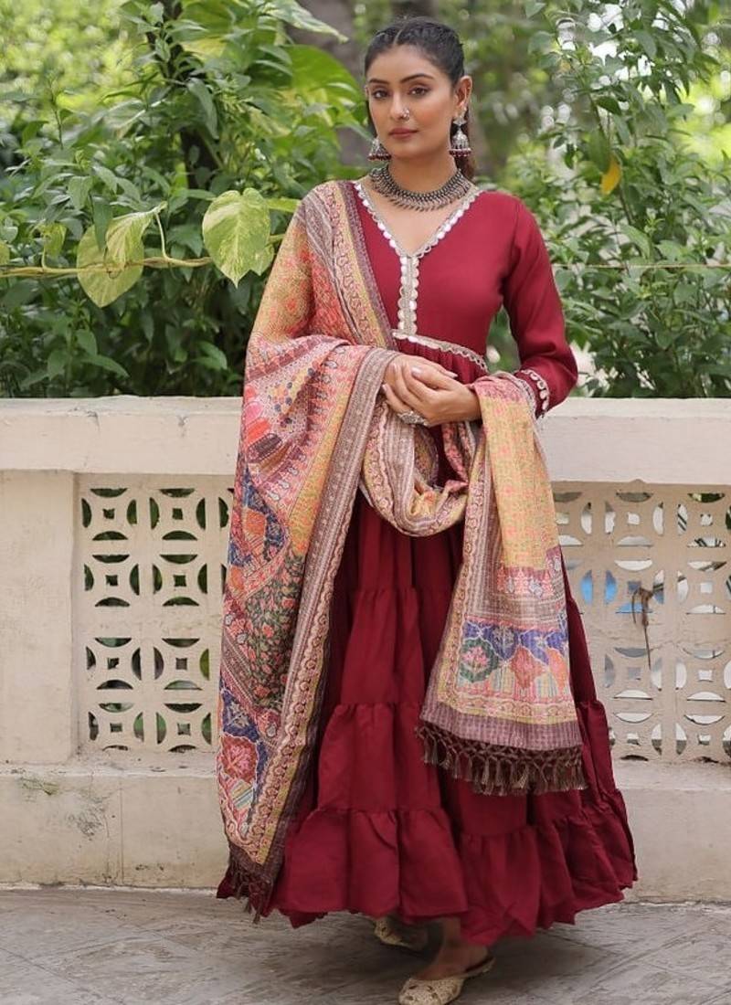 Maroon zari & sequins embroidered work roman stitched kurta gown & dupatta
