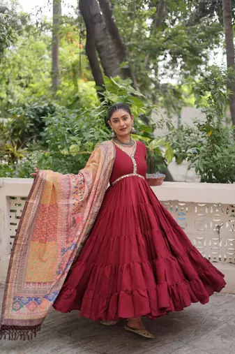 Maroon zari & sequins embroidered work roman stitched kurta gown & dupatta
