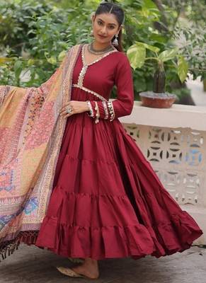 Maroon zari & sequins embroidered work roman stitched kurta gown & dupatta 3