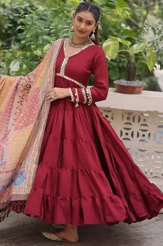 Maroon zari & sequins embroidered work roman stitched kurta gown & dupatta