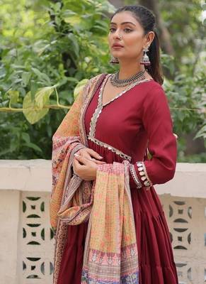 Maroon zari & sequins embroidered work roman stitched kurta gown & dupatta 4
