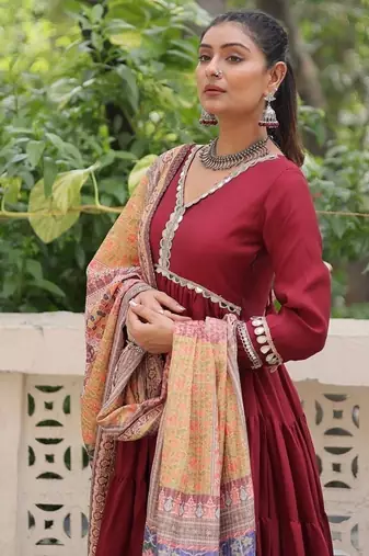 Maroon zari & sequins embroidered work roman stitched kurta gown & dupatta