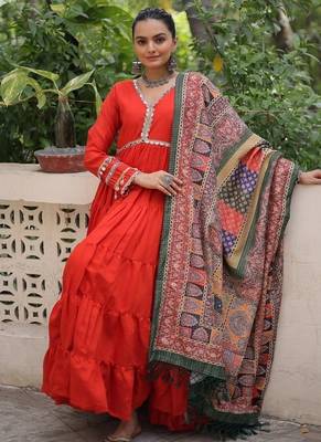 orange roman gown with zari and sequins embroidery dupatta 1