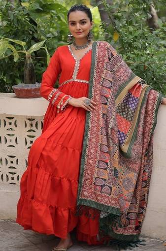 Orange zari & sequins embroidered roman Gown & dupatta