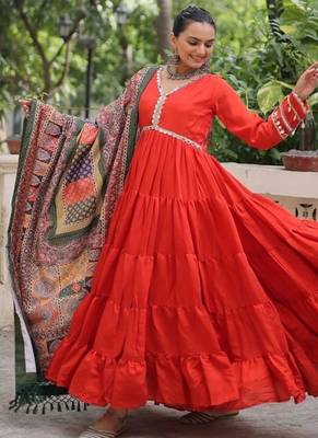 orange roman gown with zari and sequins embroidery dupatta 2