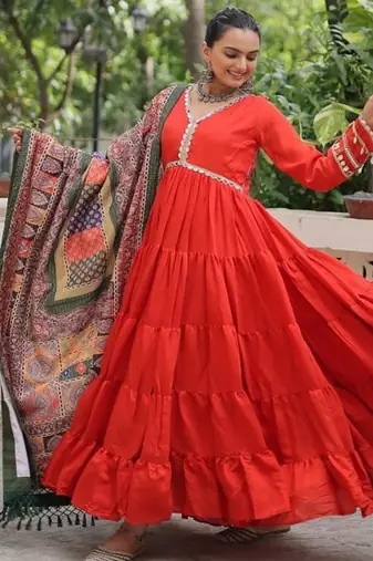 orange roman gown with zari and sequins embroidery dupatta