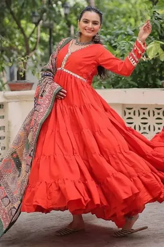 orange roman gown with zari and sequins embroidery dupatta
