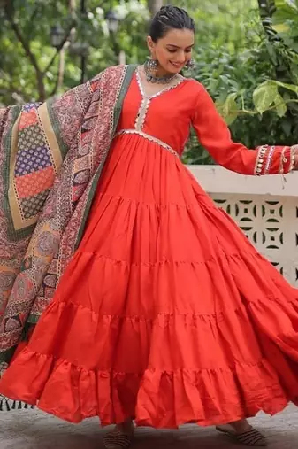 orange roman gown with zari and sequins embroidery dupatta