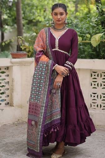 Wine zari & sequins embroidered roman Gown & dupatta