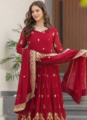 Maroon zari & sequins embroidered work roman stitched kurta gown & dupatta 1