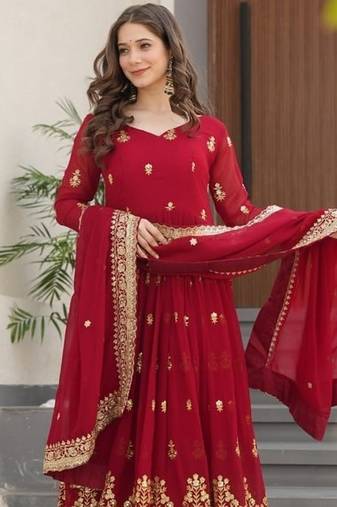 Maroon zari & sequins embroidered work roman stitched kurta gown & dupatta