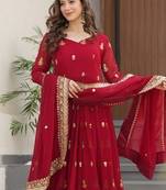 Maroon zari & sequins embroidered work roman stitched kurta gown & dupatta