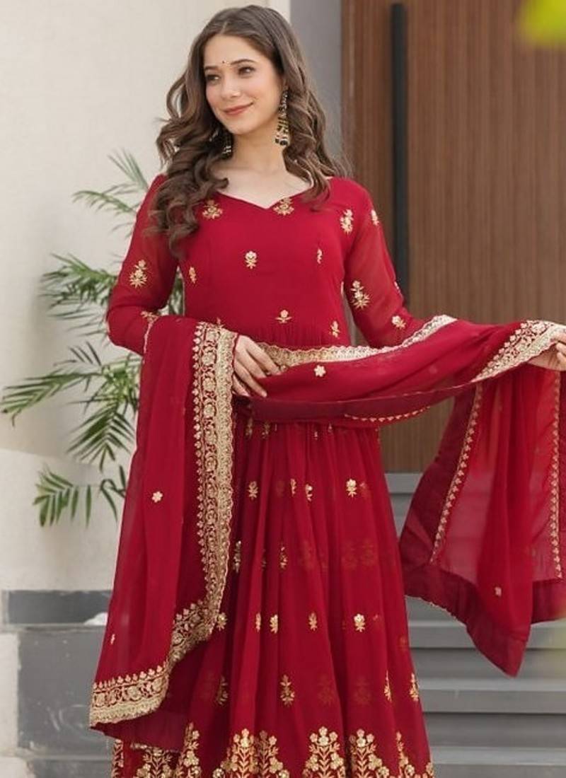 Maroon zari & sequins embroidered work roman stitched kurta gown & dupatta