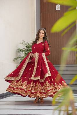 Maroon zari & sequins embroidered work roman stitched kurta gown & dupatta 2