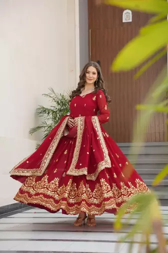 Maroon zari & sequins embroidered work roman stitched kurta gown & dupatta
