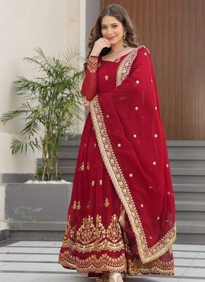 Maroon zari & sequins embroidered work roman stitched kurta gown & dupatta 3
