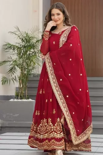 Maroon zari & sequins embroidered work roman stitched kurta gown & dupatta